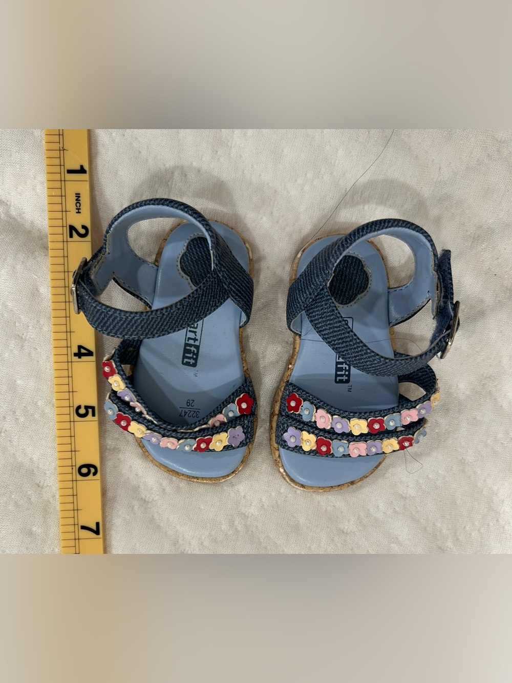 Smartfit Toddler Denim Floral Sandals Size 2 Blue Cork Sole Shoes